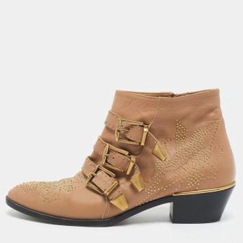 Pre Owned Chloe Tan Leather Studded Suzanna Ankle Boots Size 40