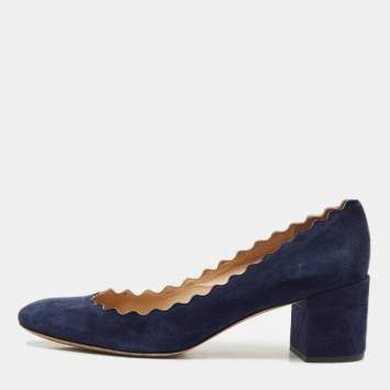 Pre Owned Chloe Navy Blue Scalloped Suede Lauren Pumps Size 38.5