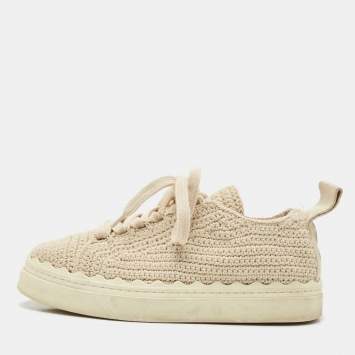 Chloe Beige Knit Fabric Lauren Lace Up Sneakers Size 37-38