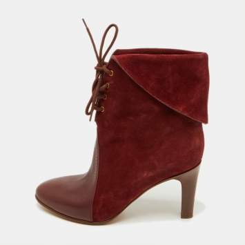Chloe Burgundy Suede and Leather Kole Lace Up Booties Size 38