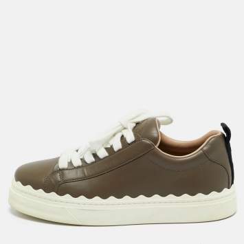Pre Owned Chloé Dark Grey Leather Lauren Lace Up Low Top Sneakers Size 39