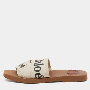 Pre Owned Chloé Off White Canvas Logo Ribbon Woody Flat Slide Sandals Size 38