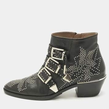 Pre Owned Chloe Black Leather Susanna Ankle Length Boots Size 37