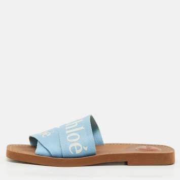 Pre Owned Chloe Blue Canvas Woody Flat Slide Sandals Size 39