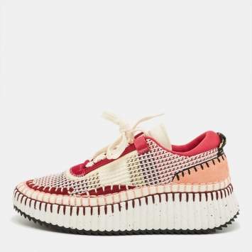 Pre Owned Chloe Multicolor Knit Fabric and Suede Nama Sneakers Size 38
