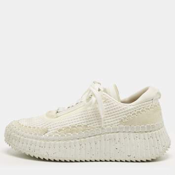 Pre Owned Chloe White Knit Fabric and Suede Nama Platform Low Top Sneakers Size 40