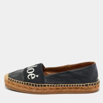 Pre Owned Chloe Black Leather and Logo Canvas Woody Espadrille Flats Size 36