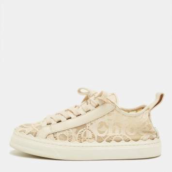 Pre Owned Chloe Cream Lace and Leather Lauren Lace Up Sneakers Size 39