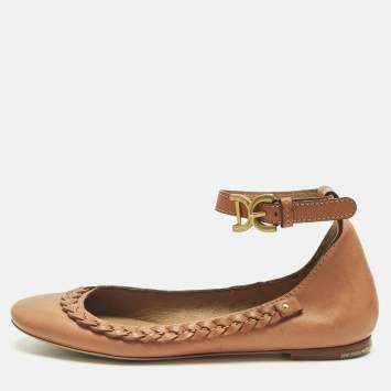 Pre Owned Chloe Brown Leather Braided Cuff Ballet Flats Size 37