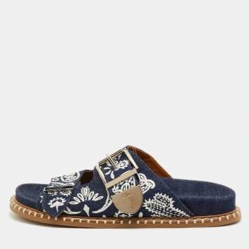 مملوكة مسبقًا Chloe Rebecca Size 39 Navy Blue Embroidered Denim Slide Sandals