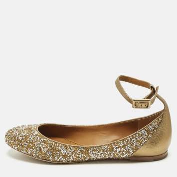 Pre Owned Chloe Size 40 Gold/Silver Glitter and Leather Ankle Strap Ballet Flats