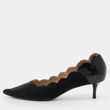 Pre Owned Chloe Laurena Scalloped Size 41 Black Patent Leather and Velvet Pumps