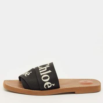 Pre Owned Chloe Woody Size 39 Black Canvas Flat Slides