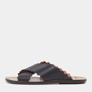 Pre Owned Chloe Lauren Size 37 Black Leather Criss-Cross Flat Slide