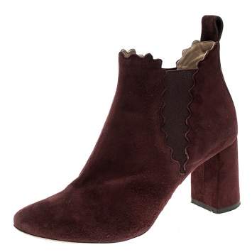 مملوكة مسبقًا Chloe Burgundy Suede Lauren Block Heel Ankle Boots Size 38