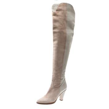 Pre Owned Chloe Pink/White Suede And Leather Knee Length Boots Size 38