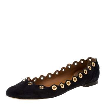 Pre Owned Chloe Dark Blue Suede Scalloped Grommet Ballet Flats Size 39.5