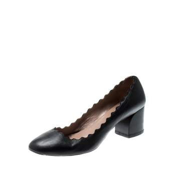 Pre Owned Chloe Black Leather Lauren Scallop Trim Block Heel Pumps Size 38.5