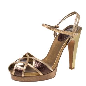 Pre Owned Chloe Gold/Brown Criss Cross Leather and Snakeskin Platform Sandals Size 37