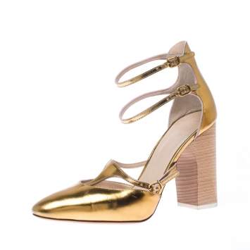 Pre Owned Chloe Gold Metallic Leather Block Heel Ankle Strap Pumps Size 37
