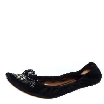 Pre Owned Chloe Black Satin Embellished Pointed Toe Scrunch Ballet Flats Size 42