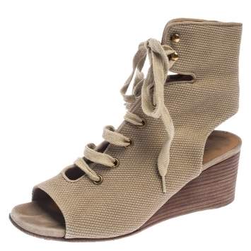 Pre Owned Chloe Beige Canvas Ghillie Lace Up Wedge Sandals Size 36