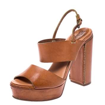 Pre Owned Chloe Tan Leather Platform Ankle Strap Block Heel Sandals Size 39.5