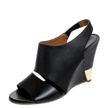 Pre Owned Chloe Black Leather Eliza Wedge Slingback Sandals Size 39.5