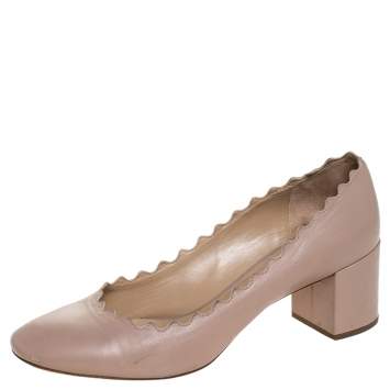 Pre Owned Chloe Beige Leather Lauren Scallop Trim Block Heel Pumps Size 38.5