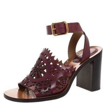 Pre Owned Chloe Burgundy Leather Laser Cut Block Heel Ankle Strap Sandals Size 39