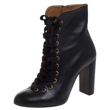 Pre Owned Chloe Black Leather Lace Up Ankle Boots Size 39