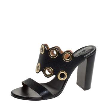 Pre Owned Chloe Black Leather Grommet Embellished Mule Sandals Size 39