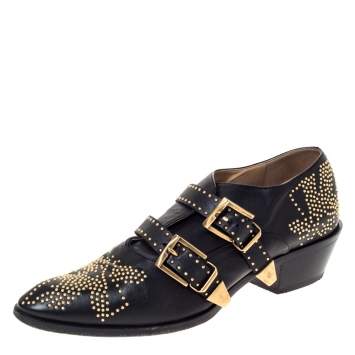 Pre Owned Chloe Black Leather Suzanna Studded Double Buckle Detail Loafers Size 40