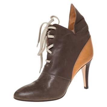 Pre Owned Chloe 2 Tone Leather Lace Up Ankle Boots Size 38.5