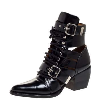 Pre Owned Chloe Black Leather Serina Lace Up Buckle Detail Block Heel Ankle Boots Size 39