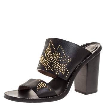 Pre Owned Chloe Black Studded Leather Block Heel Slide Sandals Size 38.5