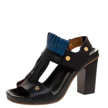 Pre Owned Chloe Black/Blue Leather Fringe Block Heel Sandals Size 39.5