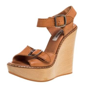 Pre Owned Chloe Brown Leather Wooden Wedge Buckle Sandals Size 37
