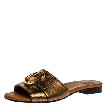Pre Owned Chloe Golden Leather C Logo Flat Slides Size 36