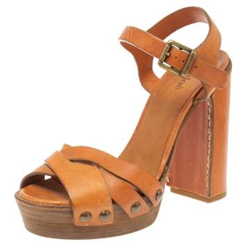 مملوكة مسبقًا Chloe Brown Leather Platform Ankle Strap Sandals Size 38.5