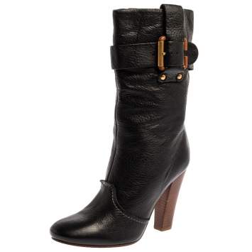 Pre Owned Chloe Black Leather Mid-Calf Buckle Boots Size 38