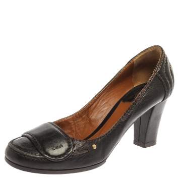 Pre Owned Chloe Brown Leather Round Toe Block Heel Pumps Size 37