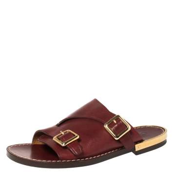 مملوكة مسبقًا Chloe Burgundy Leather Buckle Detail Flat Sandals Size 37.5