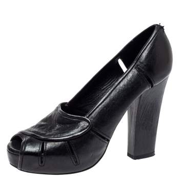 Pre Owned Chloe Black Leather Block Heel Peep Toe Platform Pumps Size 38.5