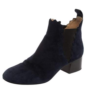 Pre Owned Chloe Navy Blue Suede Lauren Block Heels Ankle Boots Size 38