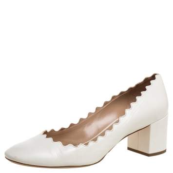 Pre Owned Chloe White Leather Lauren Scallop Trim Block Heel Pumps Size 37