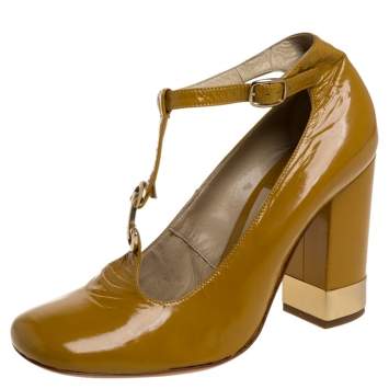 Pre Owned Chloe Yellow Leather T Strap Square Toe Pumps Size 37