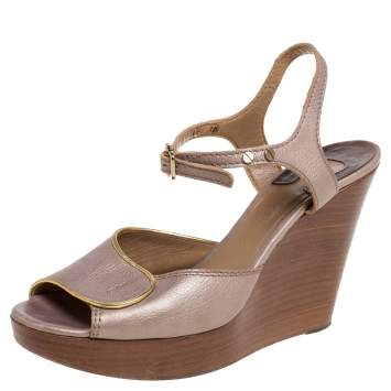 Pre Owned Chloe Metallic Peep Toe Ankle Strap Wooden Wedge Platform Sandals Size 37   