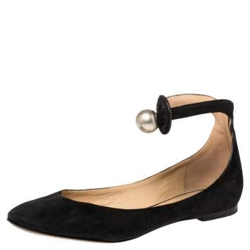 Pre Owned Chloe Black Suede Ankle Strap Ballet Flats Size 38.5
