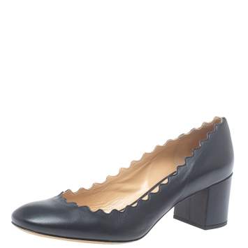 Pre Owned Chloe Navy Blue Leather Lauren Scalloped Pumps Size 39.5
